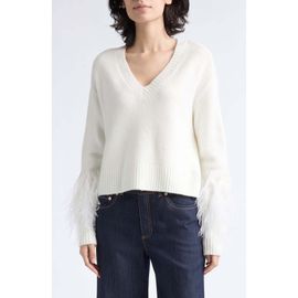 Cinq à Sept Cinq à Sept Brianne Ostrich Feather Cuff V-Neck Sweater
