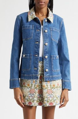 Cinq à Sept Cinq à Sept Dalton Floral Collar Stretch Denim Jacket