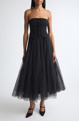 Cinq à Sept Cinq à Sept Lunelle Strapless Mixed Media Midi Dress