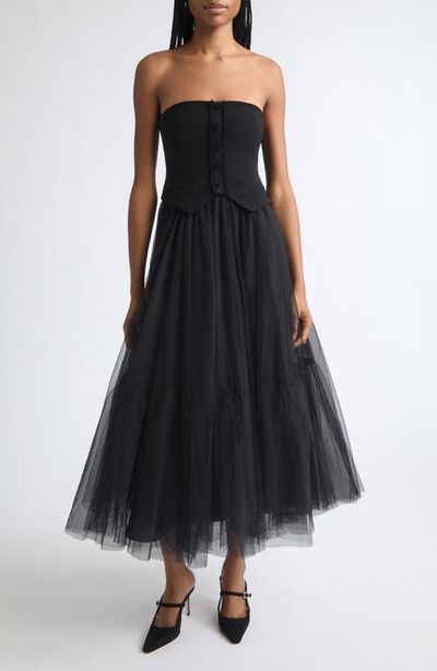 Cinq à Sept Cinq à Sept Lunelle Strapless Mixed Media Midi Dress