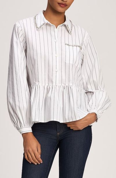Cinq à Sept Cinq à Sept Nyomi Rhinestone Detail Stripe Cotton Blend Peplum Top