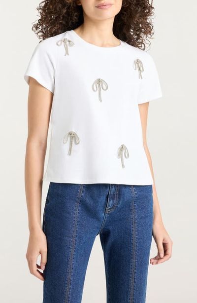 Cinq à Sept Cinq à Sept Rhinestone Bow Embellished Cotton Shrunken Tee