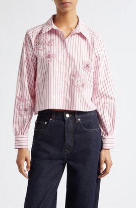 Cinq à Sept Cinq à Sept Rose Stripe Beaded Flower Button-Up Shirt