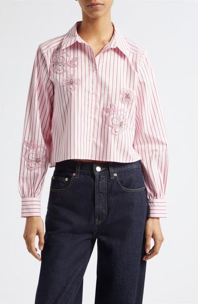 Cinq à Sept Cinq à Sept Rose Stripe Beaded Flower Button-Up Shirt