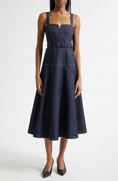 Cinq à Sept Cinq à Sept Tina Belted Stretch Denim Midi Sundress