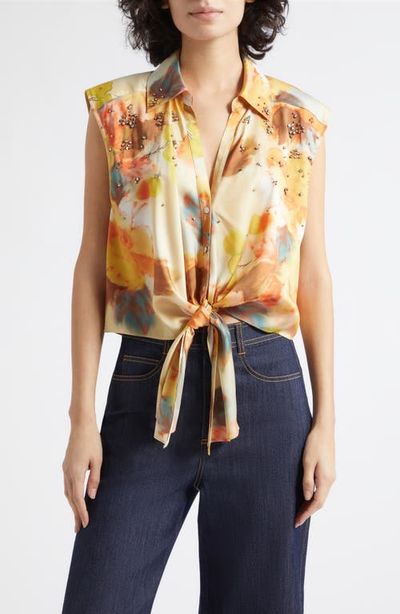 Cinq à Sept Cinq à Sept Watercolor Floral Crystal Embellished Tie Front Top