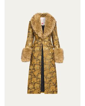 Cinq à Sept Ivella Floral Jacquard Fur-Trim Coat