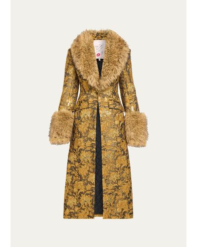 Cinq à Sept Ivella Floral Jacquard Fur-Trim Coat