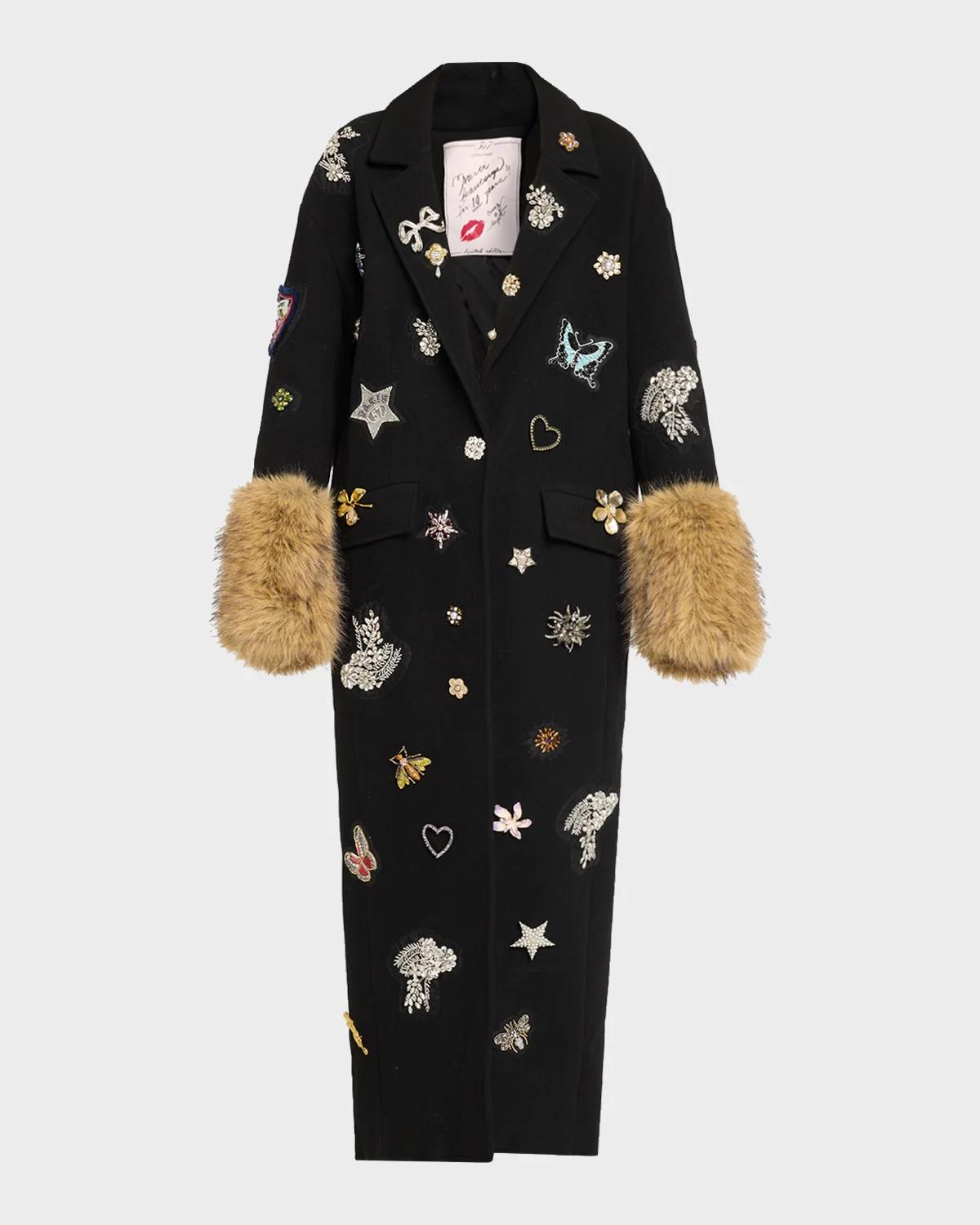Cinq à Sept Mariella Embellished Faux-Fur-Cuff Coat
