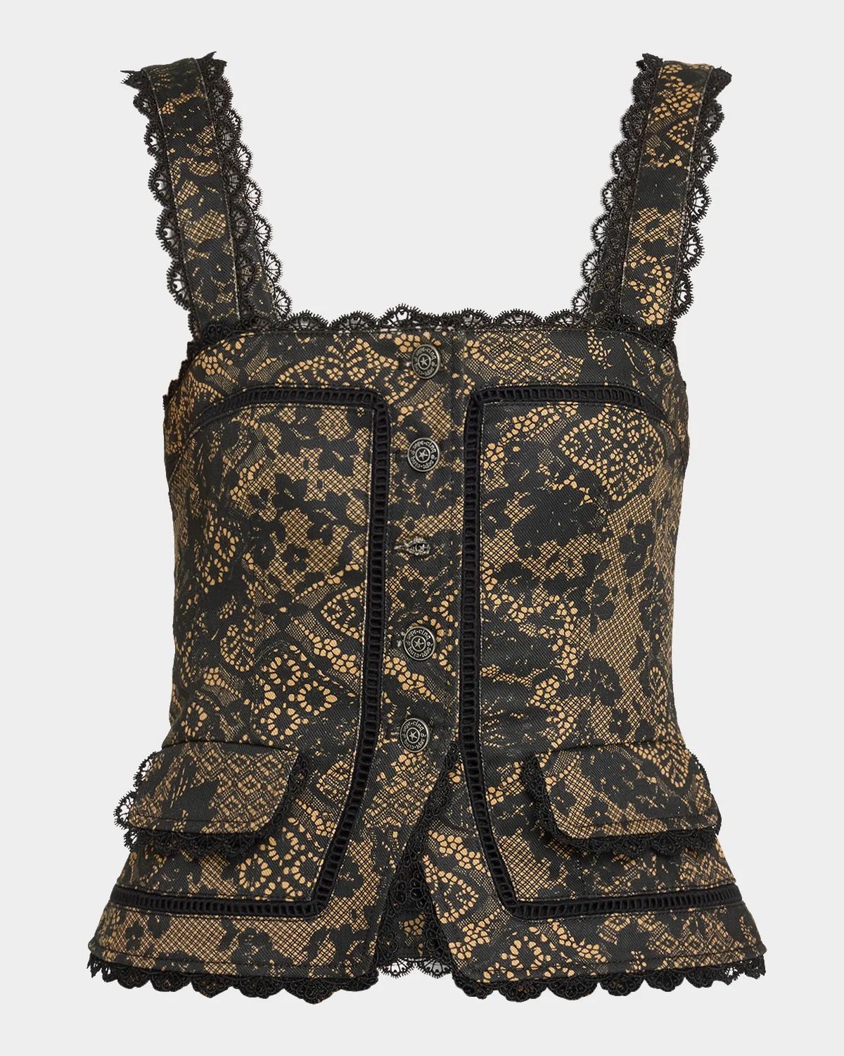 Cinq à Sept Myra Patchwork-Print Lace-Trim Top