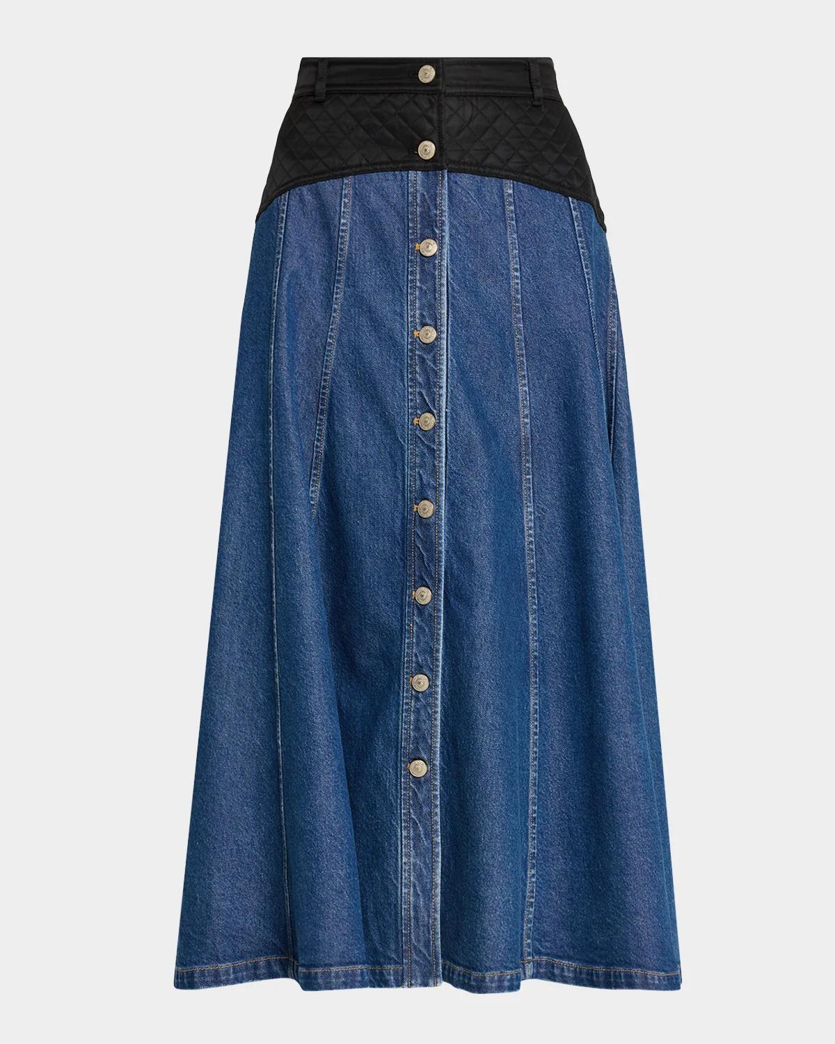 Cinq à Sept Quentin Mixed-Media Denim Midi Skirt