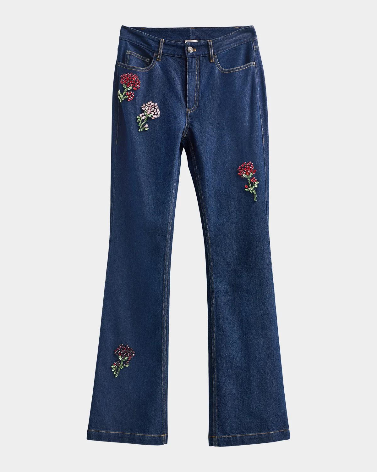 Cinq à Sept Stevie Rhinestone-Rose Flare-Leg Jeans