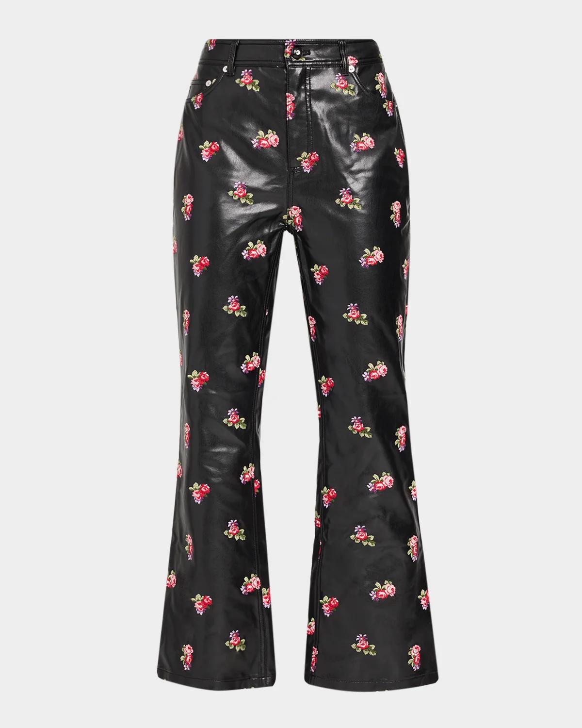 Cinq à Sept Tossed Roses Faux Leather Flare Pants