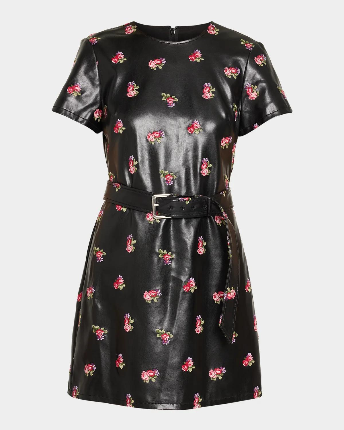 Cinq à Sept Tossed Roses Faux Leather Mini Dress