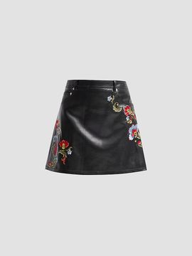 Cinq à Sept Women's Keke Floral Embroidered Faux Leather Mini Skirt