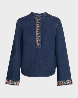 Cinq a Sept Birdie Embroidered Denim Top