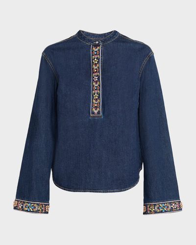 Cinq a Sept Birdie Embroidered Denim Top