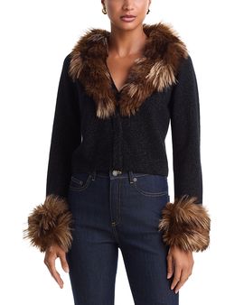 Cinq A Sept Cinq a Sept Della Faux Fur Trim Wool V Neck Cardigan