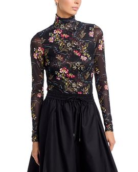 Cinq A Sept Cinq a Sept Love Letter Shirred Floral Mesh Turtleneck