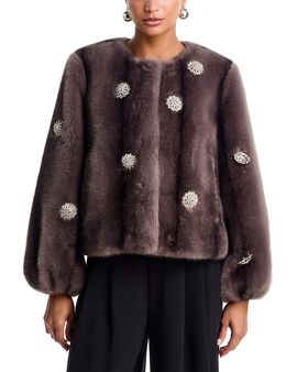 Cinq A Sept Cinq a Sept Pearl Drop Rhinestone Embellished Faux Fur Coat