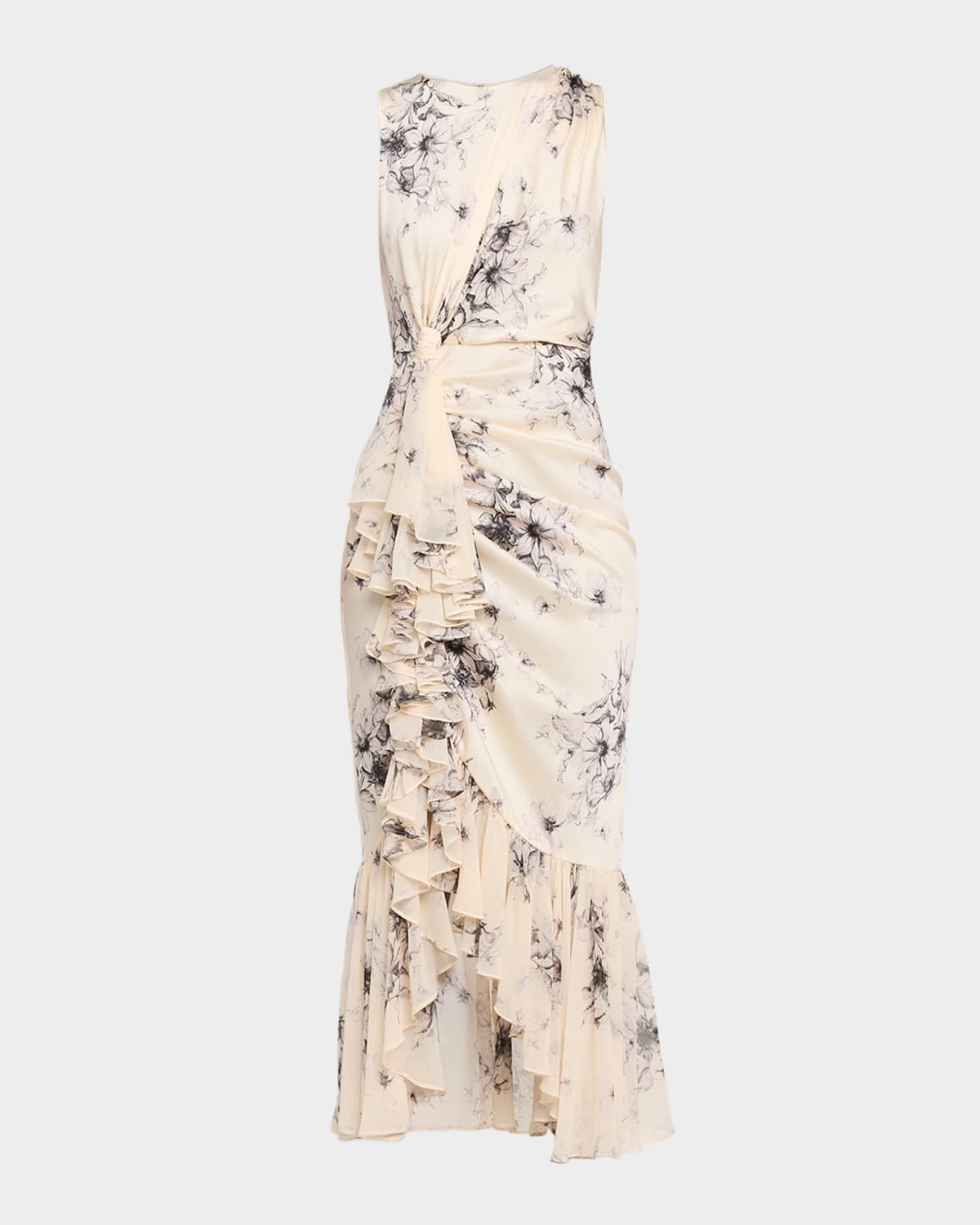 Cinq a Sept Cyrus Hand-Sketched Floral Ruffled Midi Dress