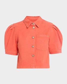 Cinq a Sept Halsie Puff-Sleeve Stretch-Cotton Denim Crop Shirt