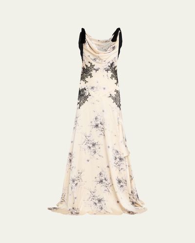 Cinq a Sept Hand-Sketched Floral Cowl-Neck Gown