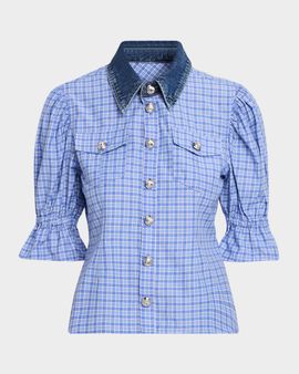 Cinq a Sept Keely Denim-Collar Gingham Top