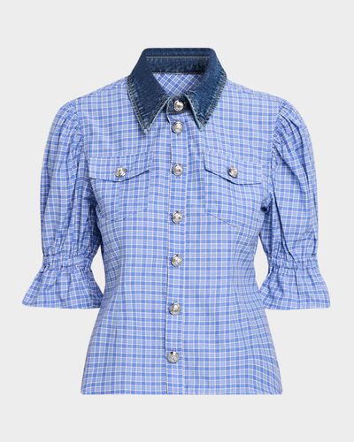 Cinq a Sept Keely Denim-Collar Gingham Top