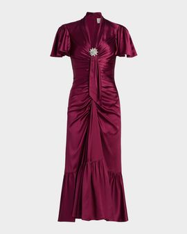 Cinq a Sept Peeta Crystal Brooch-Embellished Satin Cocktail Dress