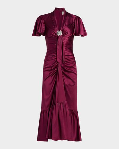 Cinq a Sept Peeta Crystal Brooch-Embellished Satin Cocktail Dress