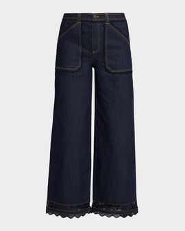 Cinq a Sept Scalloped Lace-Trimmed Wide-Leg Jeans