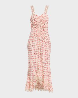 Cinq a Sept Stevie Ikat Roses Lace-Trim Midi Dress