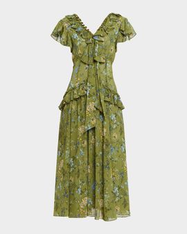 Cinq a Sept Windswept Floral Siv Ruffle Midi Dress