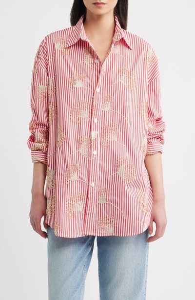 CISSA CISSA Beaded Oversized Striped Cotton Shirt