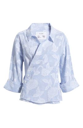 CISSA CISSA Floral Appliqué Stripe Cotton Blend Wrap Shirt