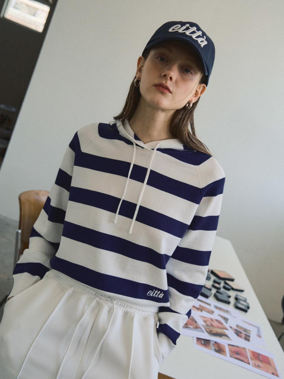 CITTA Citta Logo Stitch Stripe Hooded Knit [White_Navy] (CTK229)