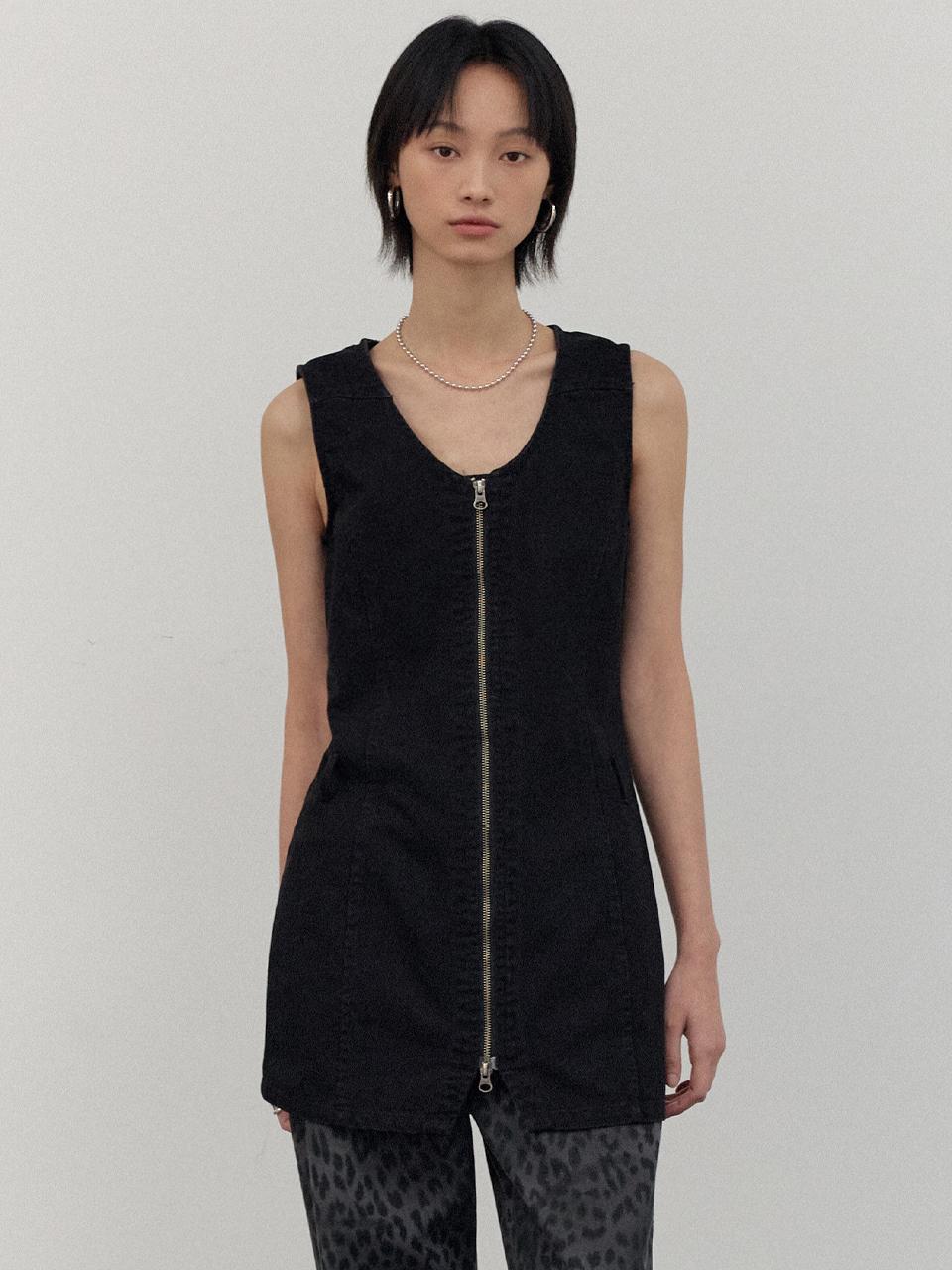 CITTA Fade Washed Stripe Zip-Up Dress (CTOP706) [Black]