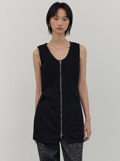 CITTA Fade Washed Stripe Zip-Up Dress (CTOP706) [Black]