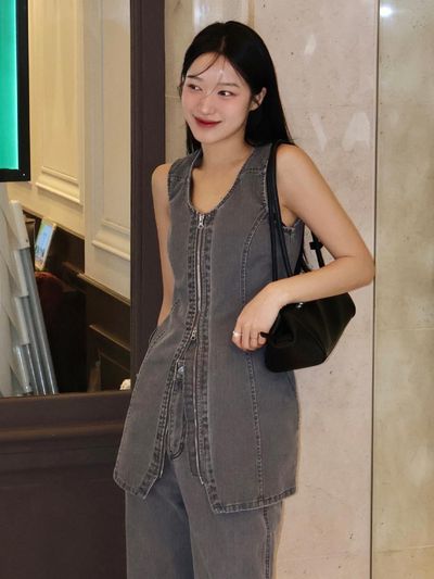 CITTA Fade Washed Stripe Zip-Up Dress (CTOP706) [Faded Black]