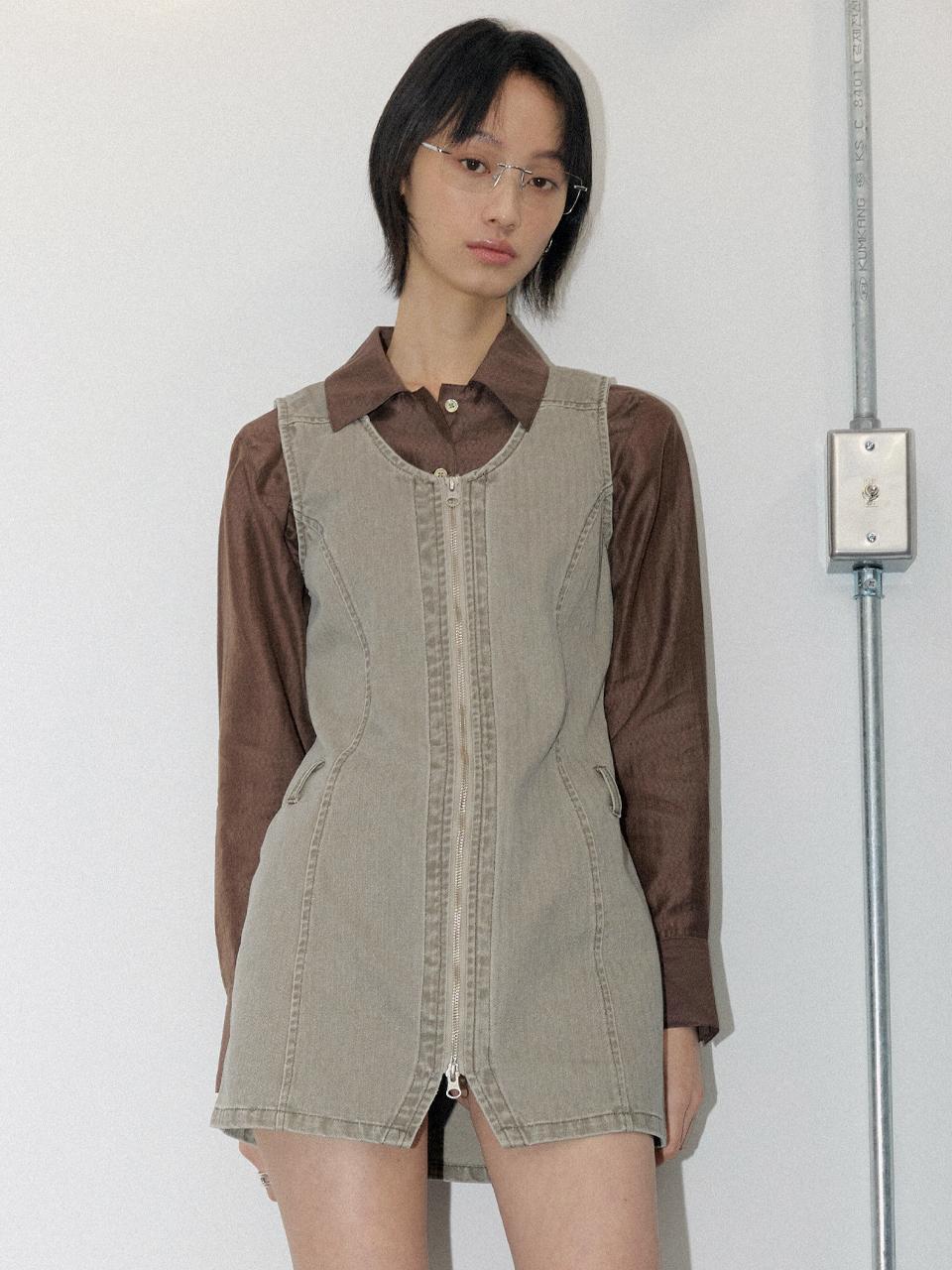 CITTA Fade Washed Stripe Zip-Up Dress (CTOP706) [Khaki Beige]