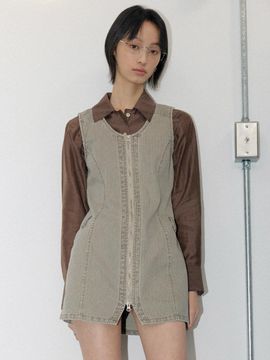 CITTA Fade Washed Stripe Zip-Up Dress (CTOP706) [Khaki Beige]