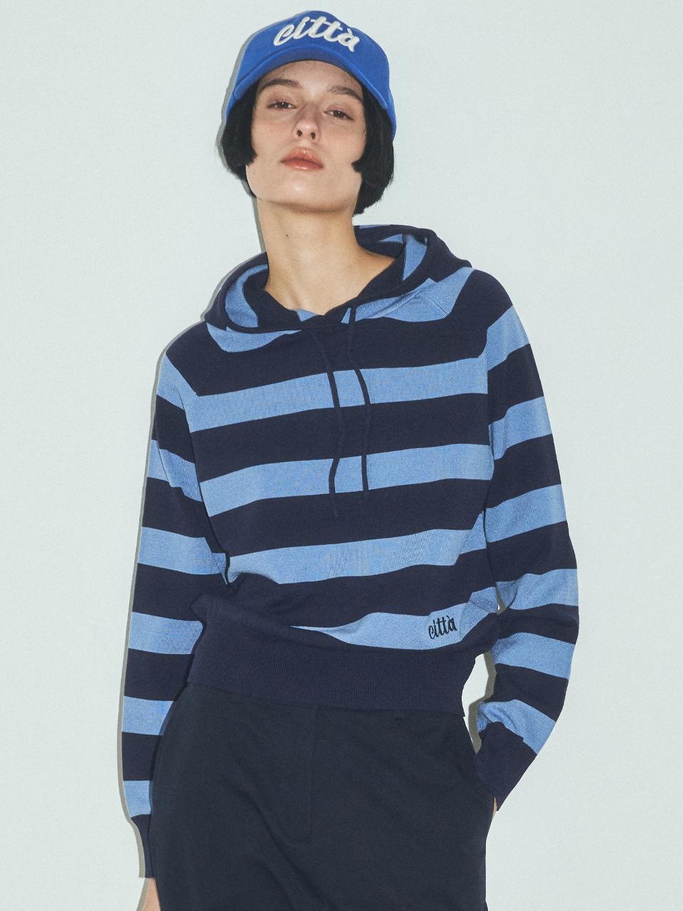 CITTA Logo Stitch Stripe Hooded Knit [Navy_Sky] (CTK229)