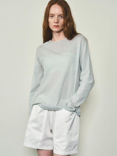 CITTA Solid Mesh Long Sleeve T-shirt - Pale Blue