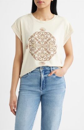CITY BLUES CITY BLUES Lace Trim Dolman Sleeve Stretch Cotton Graphic T-Shirt