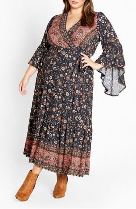 City Chic City Chic Adhara Mixed Print Long Sleeve Maxi Dress