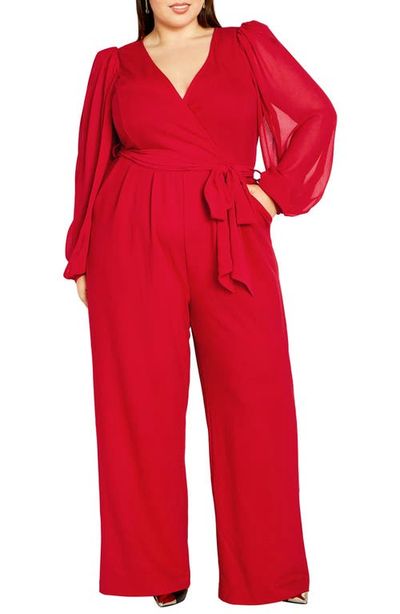 City Chic City Chic Belted Sheer Long Sleeve Jumpsuit