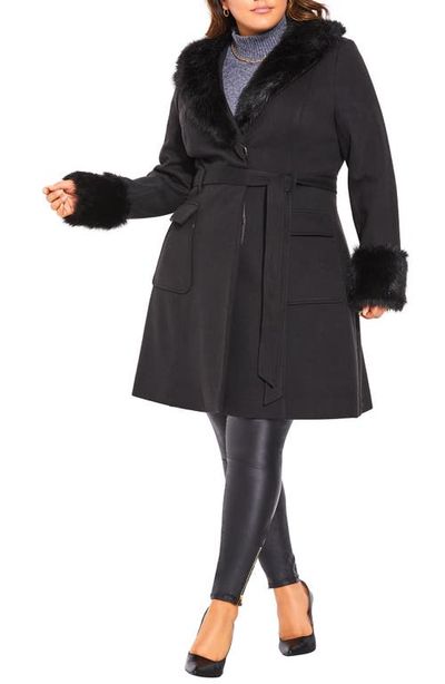 City Chic City Chic Blushing Belle Twill Coat with Faux Fur Collar