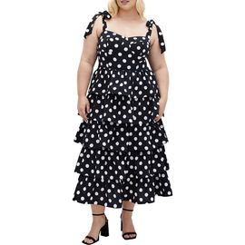 City Chic City Chic Elina Polka Dot Tie Strap Tiered Midi Dress