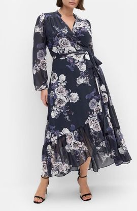 City Chic City Chic Jane Floral Print Long Sleeve Faux Wrap Maxi Dress